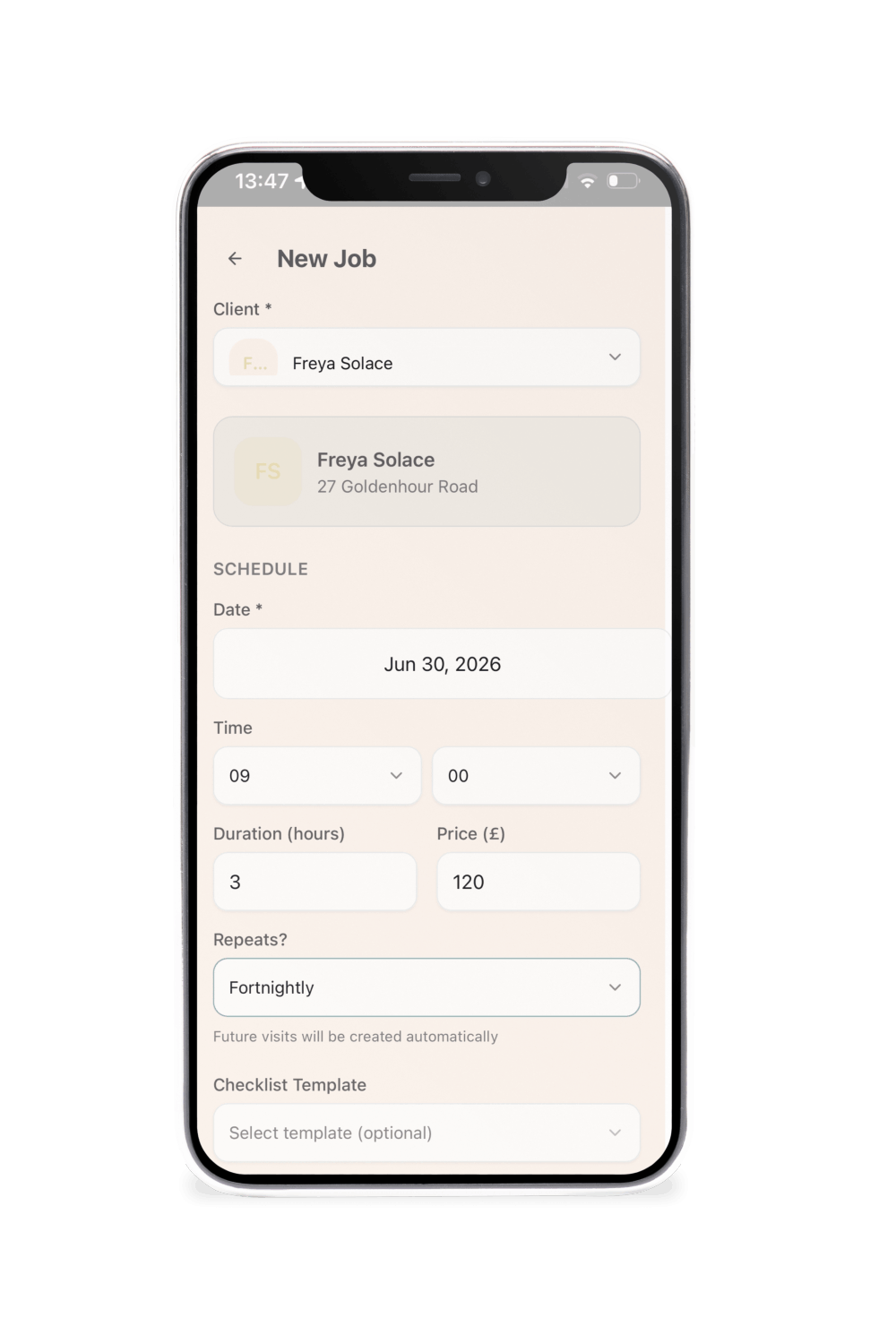 Add new cleaning job screen in the La Casa Clean app with date, time and recurring schedule options.