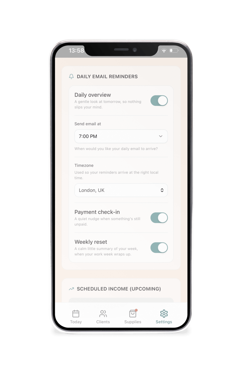 Email reminder settings for daily schedules and payment reminders in the La Casa Clean app.