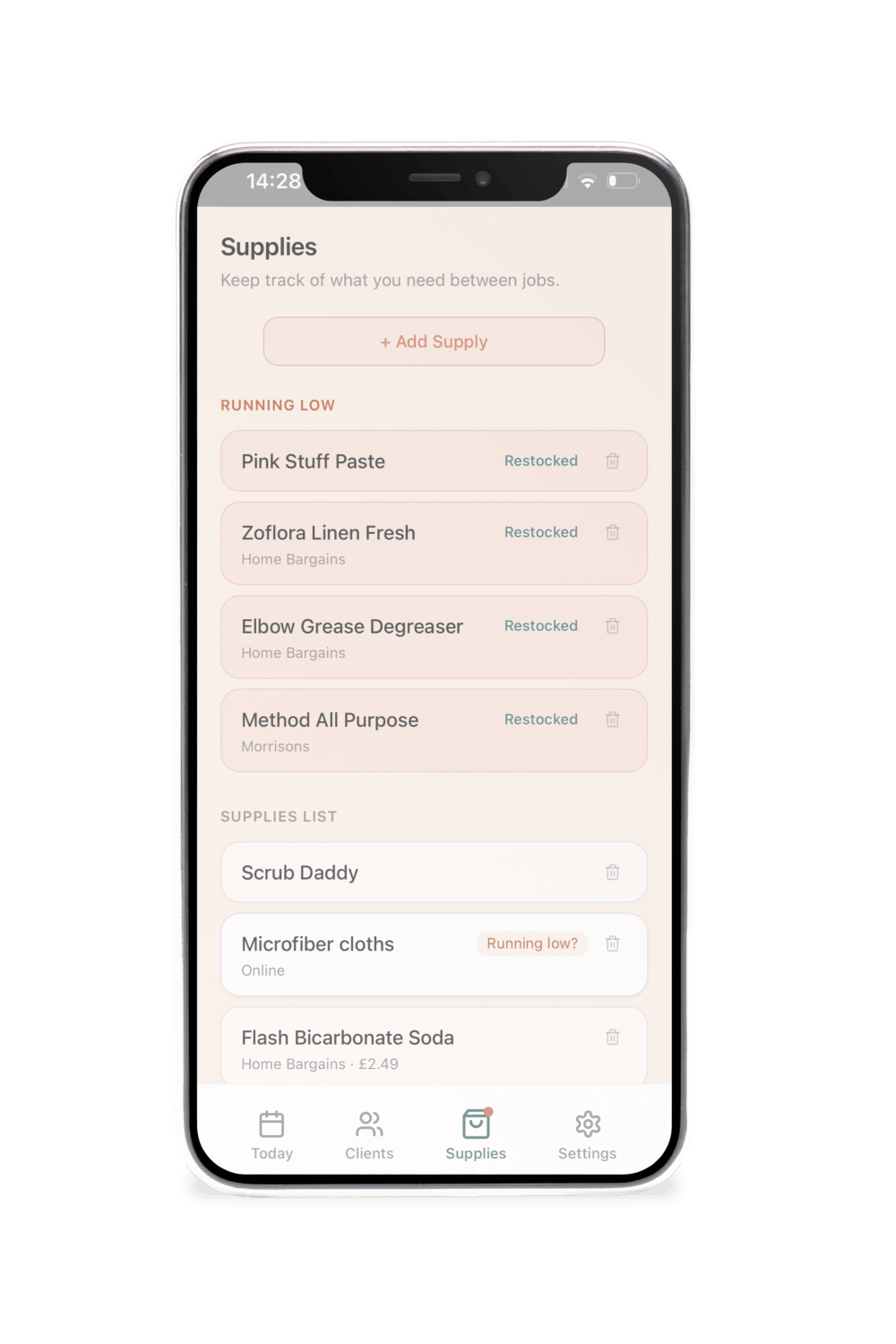 Cleaning supplies checklist and running low inventory in the La Casa Clean app.