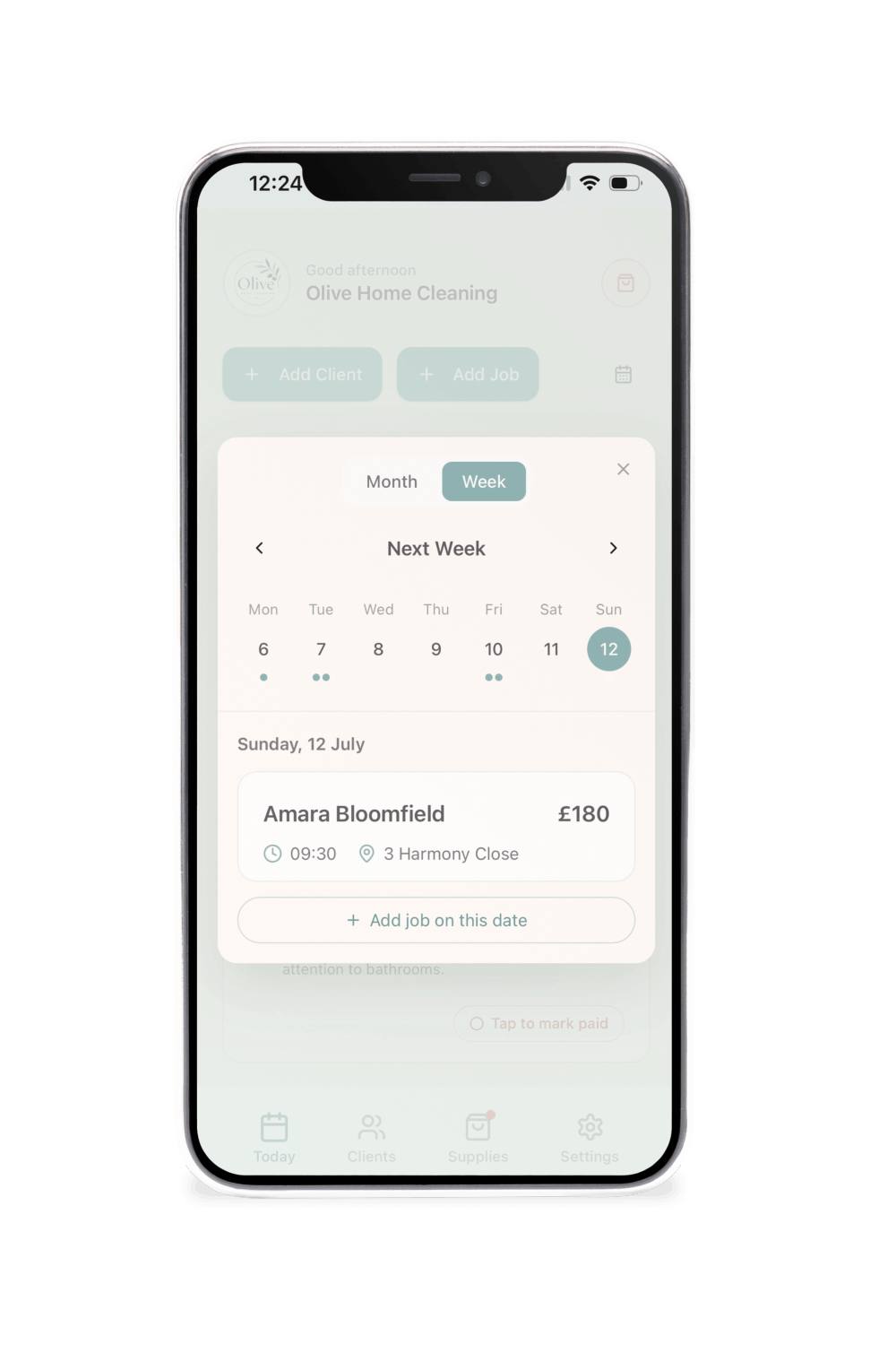 Weekly and monthly cleaning calendar in the La Casa Clean app for organising recurring cleaning jobs.